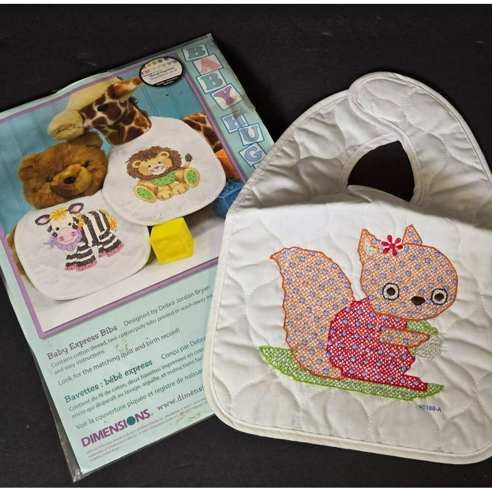 Vtg Dimensions Stamped Cross Stitch Bibs Lion & Zebra + bonus FINISHED Squirrel